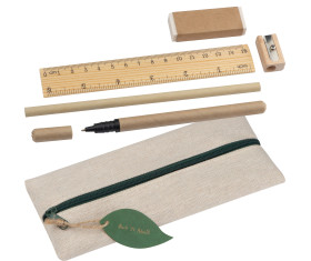 Writing set with ruler, eraser, sharpener, pencil and rollerball