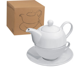 Teekanne mit Tasse und Untersetzer aus Porzellan